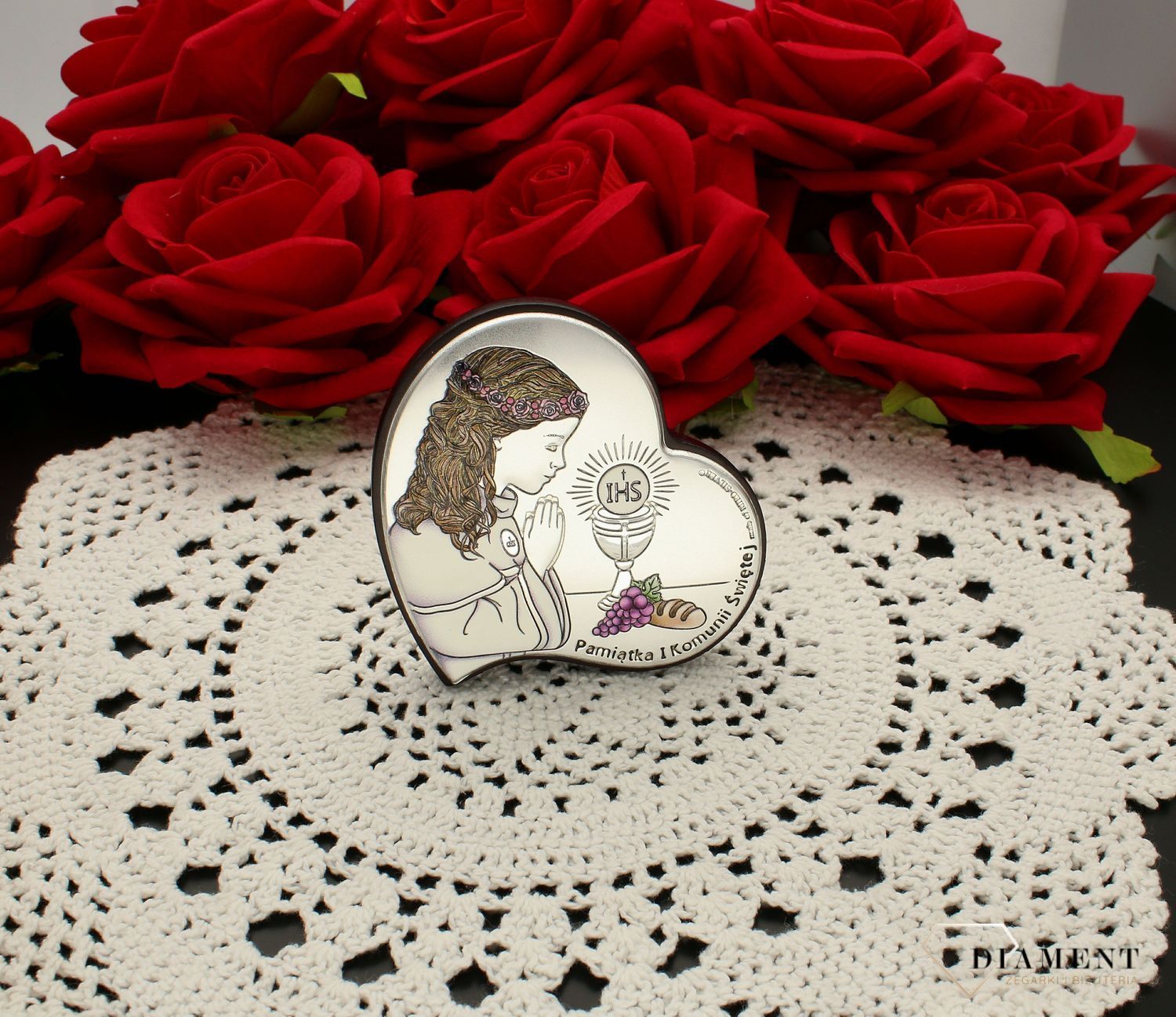 Obrazek srebrny Pierwsza Komunia Święta dla dziewczynki kolorowy 6746.1 COL. Pamiątka I komunii Świętej. Obrazek srebrny kolorowy z grawerem na komunie..jpg